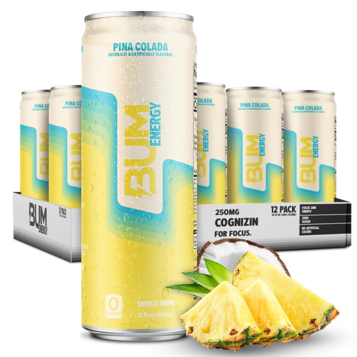BUM Sugar-Free Energy Drink, Pina Colada: 12 oz, Quantity 11, EC $10.8, USD $4, Buy All Price USD $44
