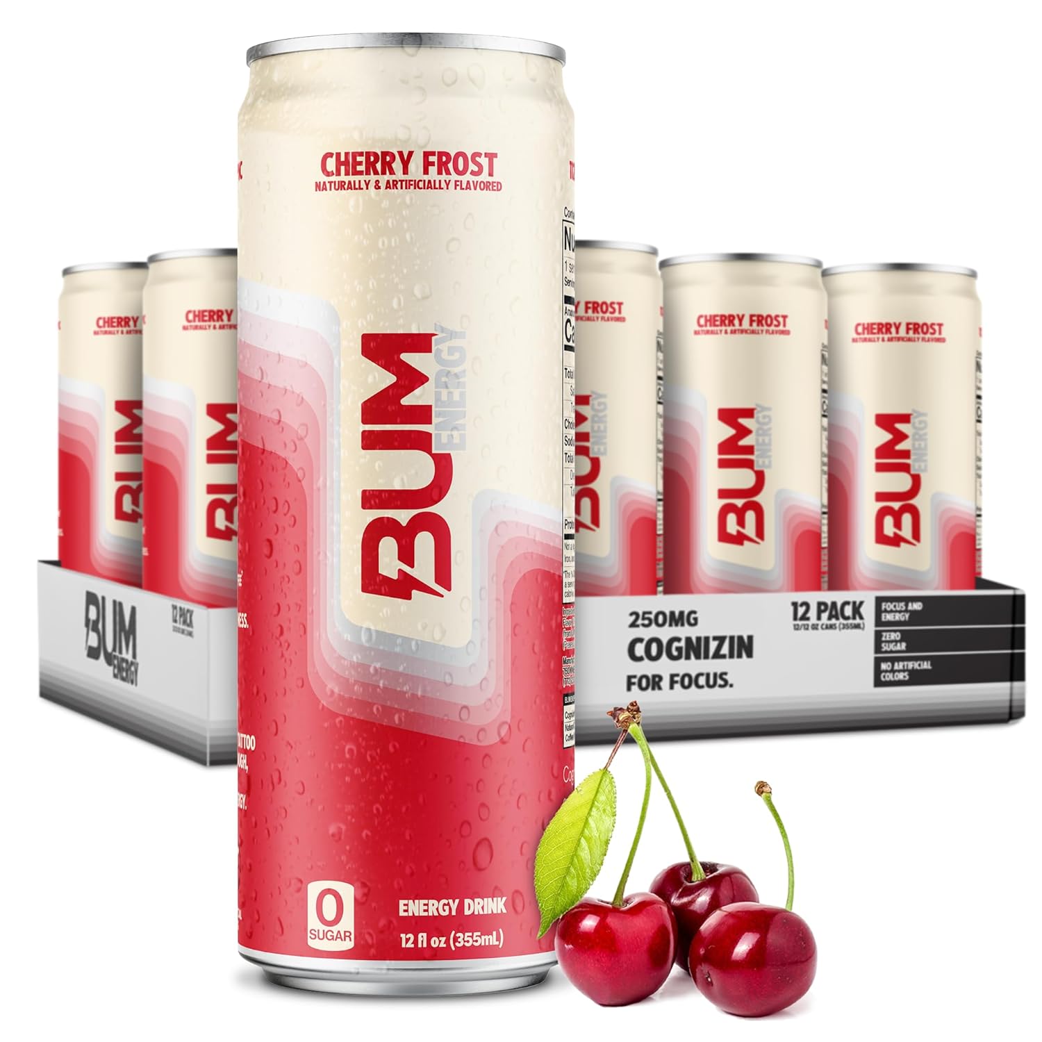 BUM Sugar-Free Energy Drink, Cherry Fros: 12 oz, Quantity 28, EC $10.8, USD $4, Buy All Price USD $112
