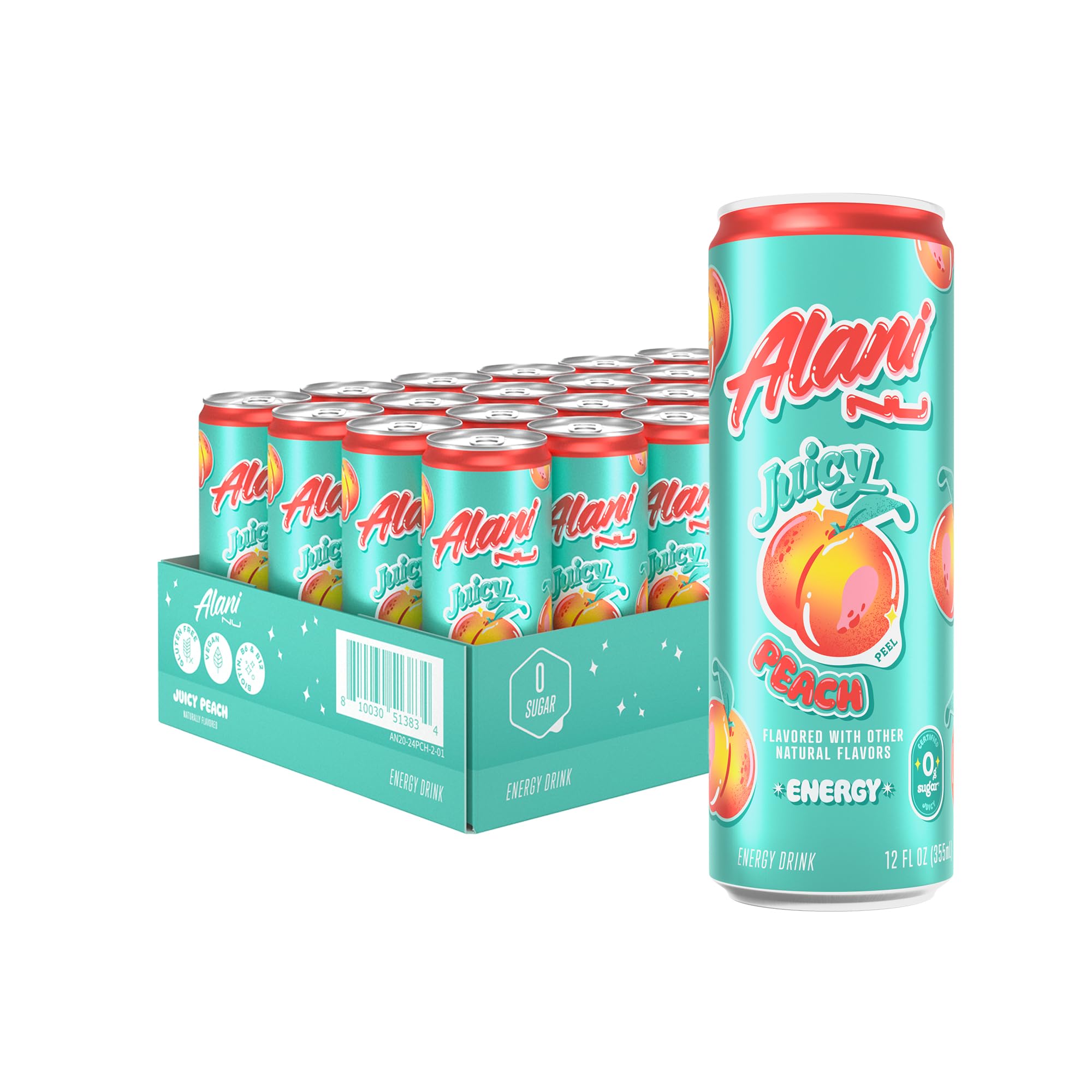 Alani Nu JUICY PEACH, Sugar Free: 12 oz, Quantity 40, EC $10.8, USD $4, Buy All Price USD $160
